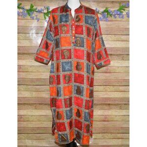 Panchi Indian Pakistani Kurta Tunic Dress 3/4 Sleeve Size M Color Block Flannel